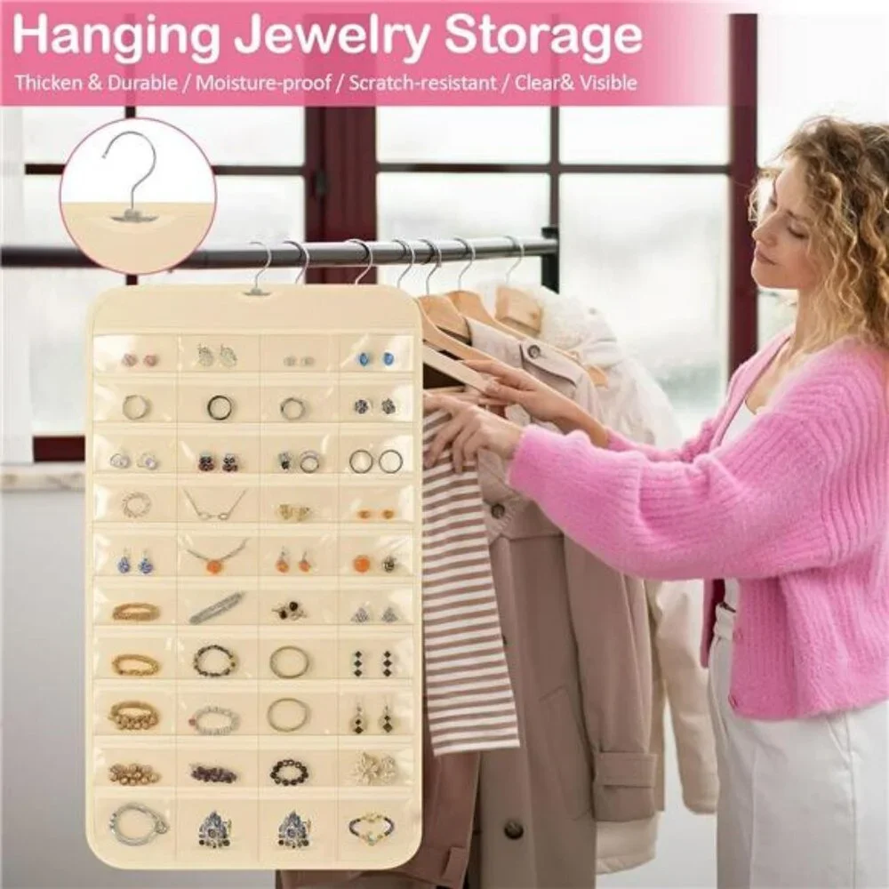 Hanging Jewelry Organizer Closet Storage with 80 Clear Pockets Earrings Necklace